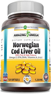Amazing Omega Norwegian Cod Liver Oil 1250 mg 120 Softgels Supplement (Fresh Orange Flavor)